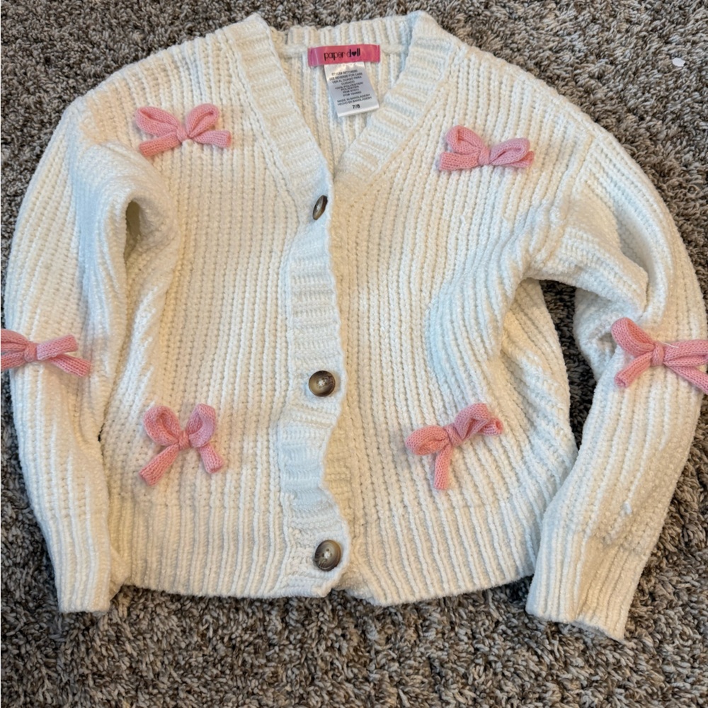Paper Doll White Cardigan with Pink Bows